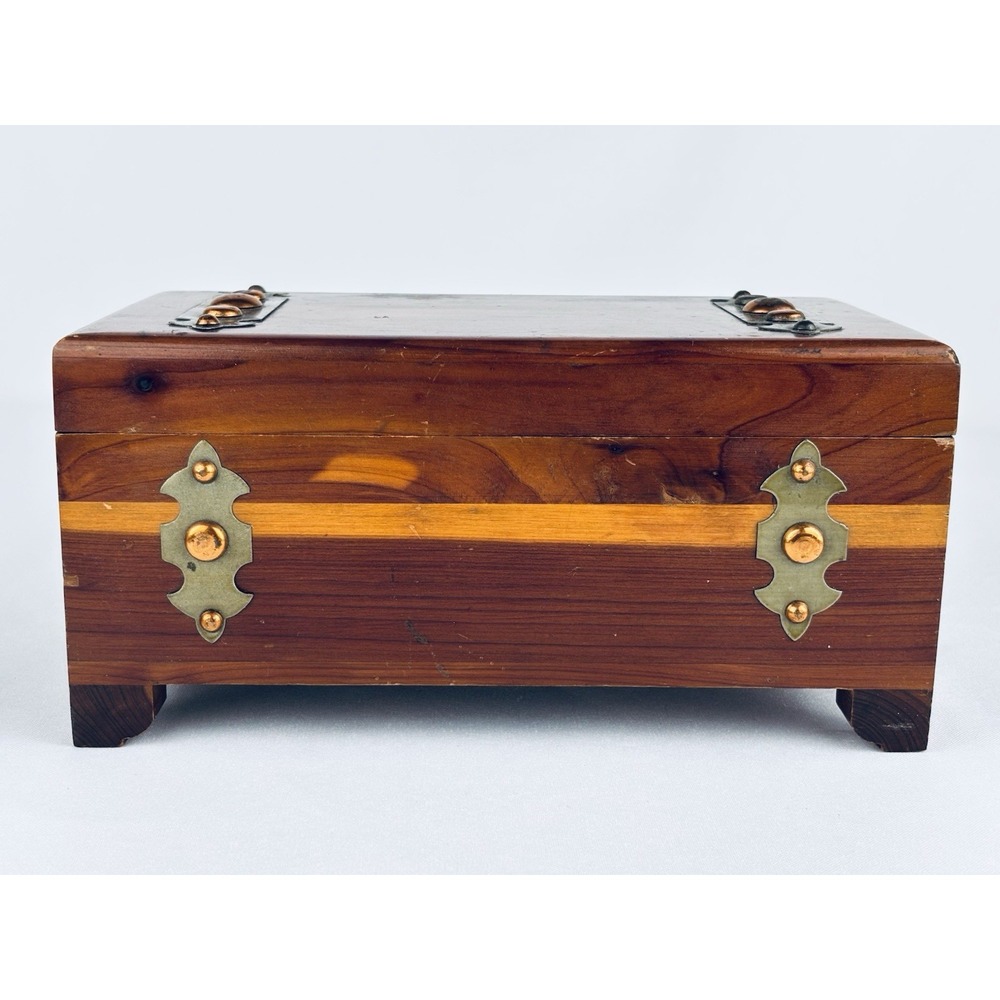 Vintage Wood Cedar Jewelry Trinket Chest Box Art Deco Footed Silhouette Brass